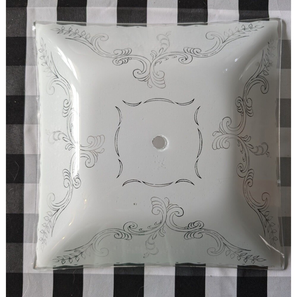 Vtg  Inspired Mid Century Scroll Pattern Square Glass Ceiling Light Shade 11.5